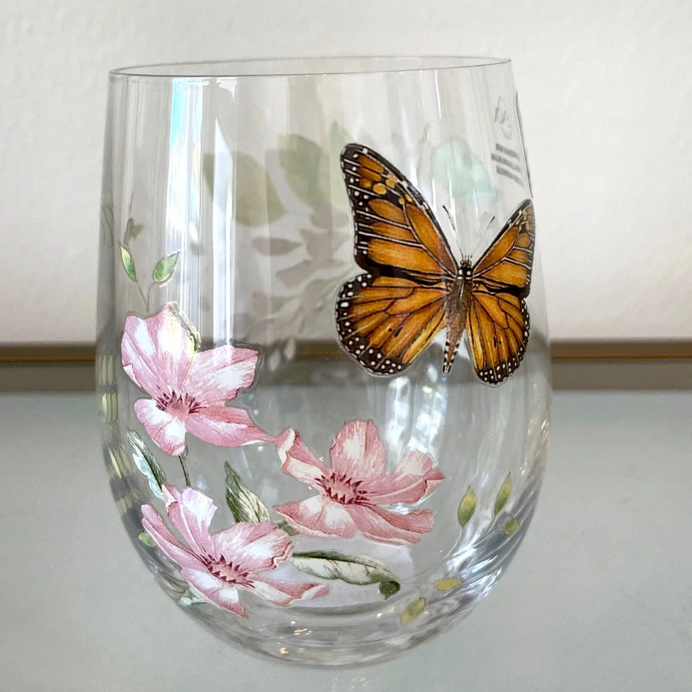 Lenox Butterfly Meadow Stemless Wine Glass Set of 2 Spring Floral Barware NEW